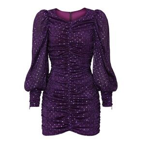 FOR LOVE & LEMONS NWT Long Sleeve Metallic Dot La Villette Mini Dress *Violet XS